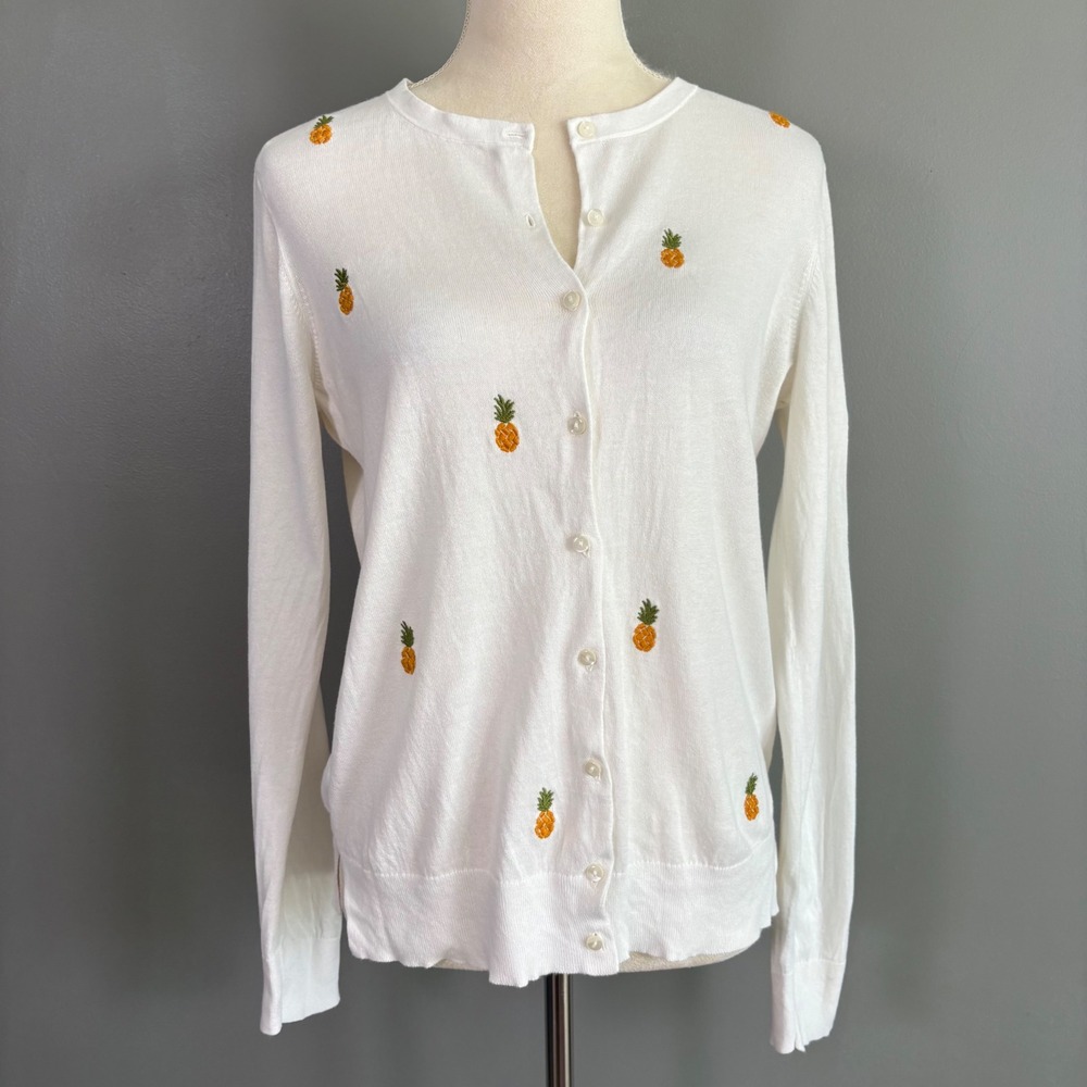 Loft‎ Embroidered Cardigan Sweater M Pineapple Whimsy Tropical Resort Grannycore